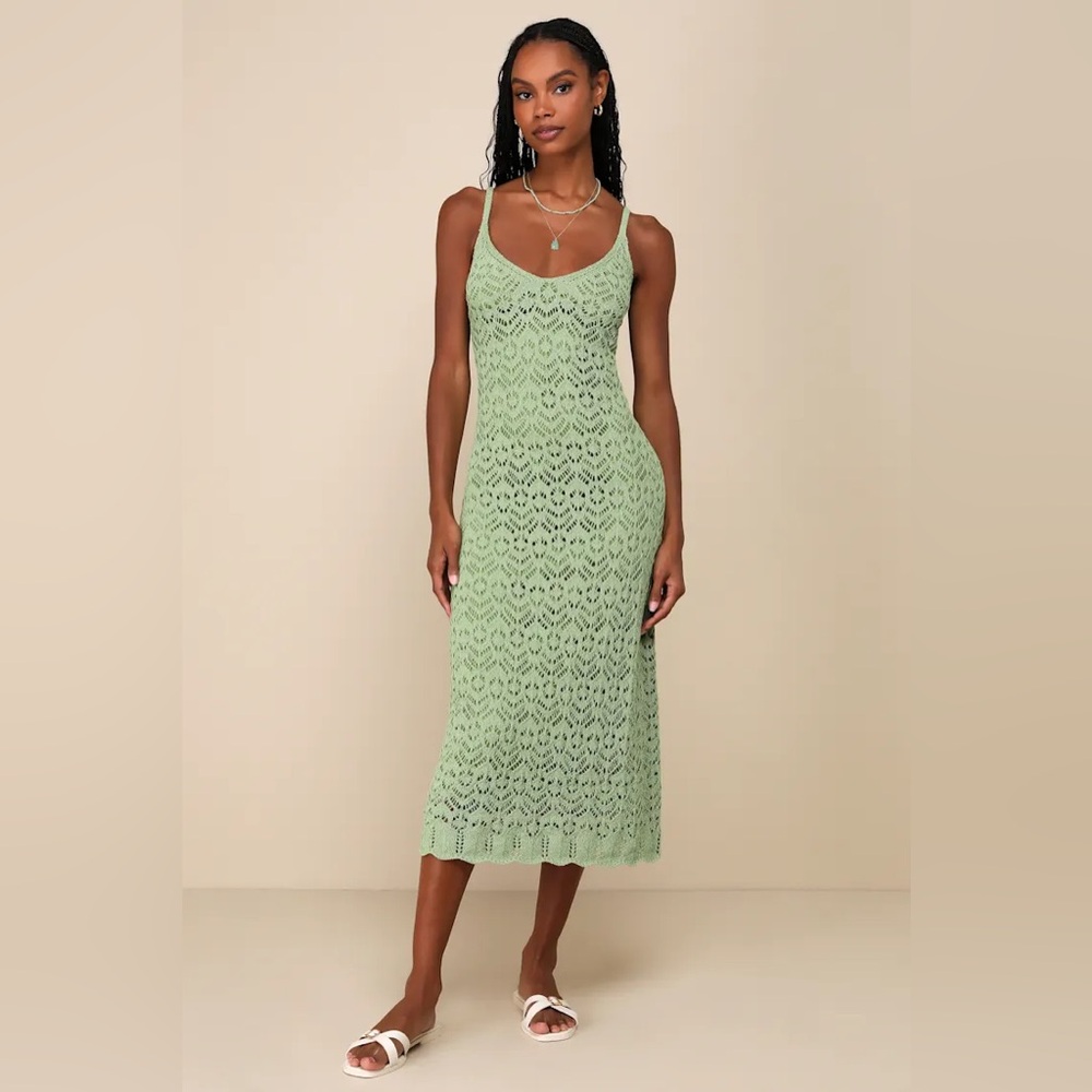 Lulus Sunset Vibes Green Crochet Sleeveless Midi Dress